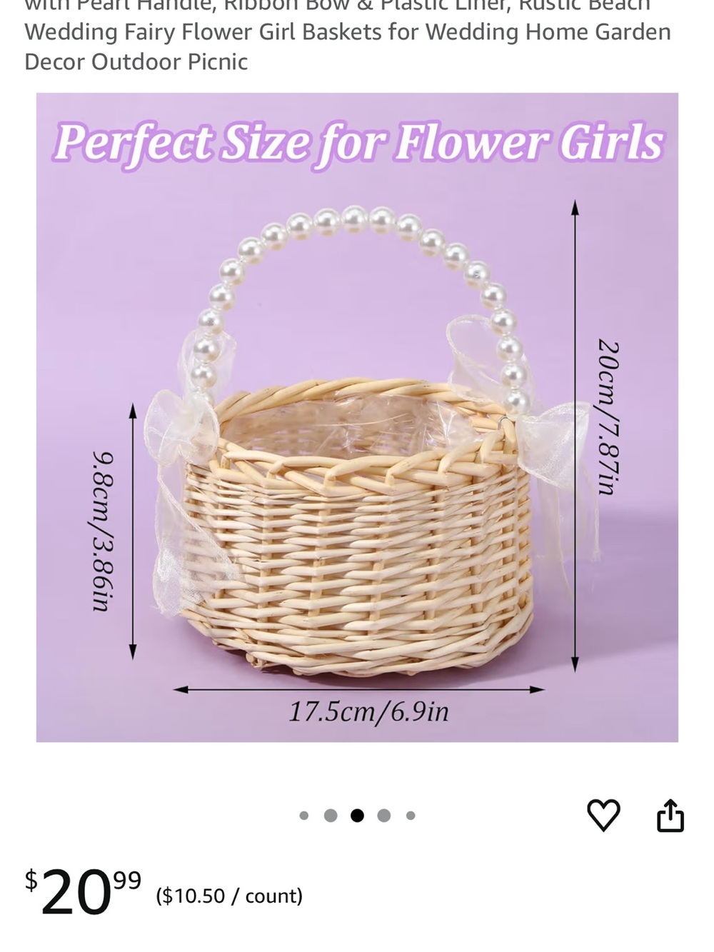 Wicker Flower Girl Basket with Pearl Handle and Organza Bows - white / Cream